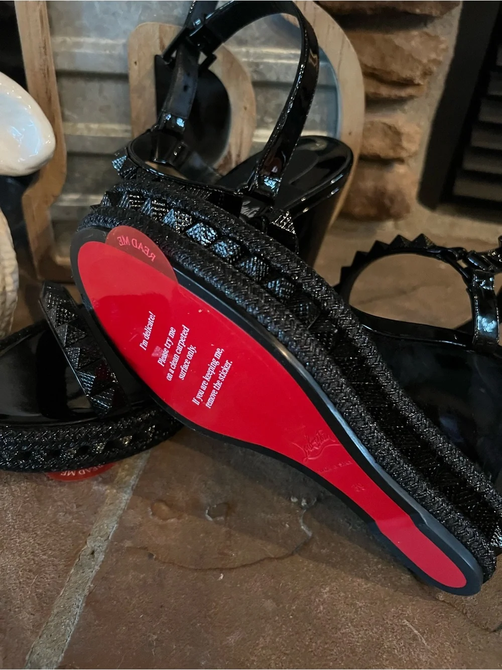 Christian Louboutin Black Patent Wedge Sandals with Studded Straps 8 - Picture 2 of 6